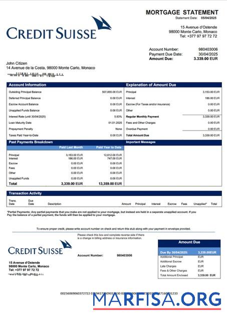 Downloadable Monaco Credit Suisse (Monaco) mortgage statement Word and PDF template